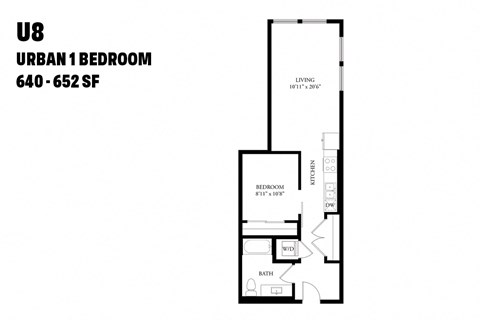 Floor plan for 1 bed, 1 bath, 652 sqft